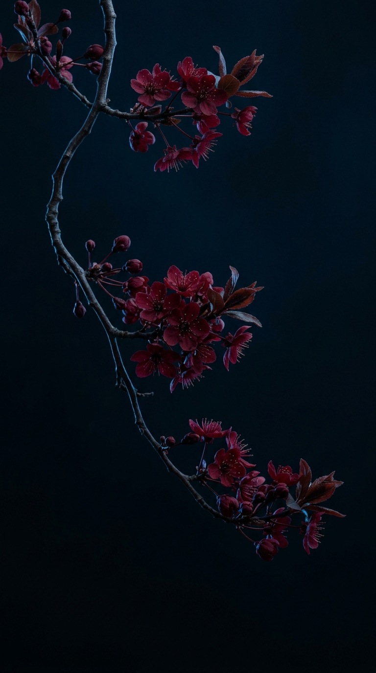 A branch of dark red cherry blossoms.