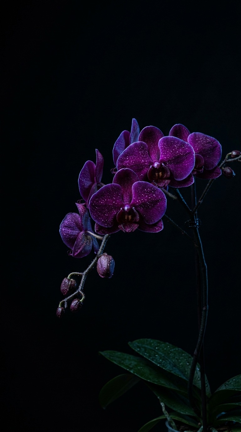 A dark purple orchid with dew.