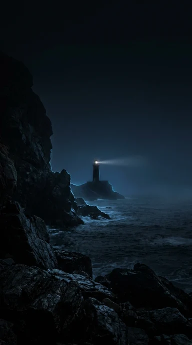 A distant lighthouse in sea fog.