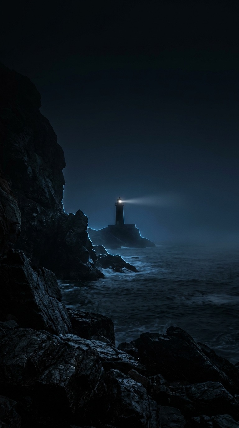 A distant lighthouse in sea fog.