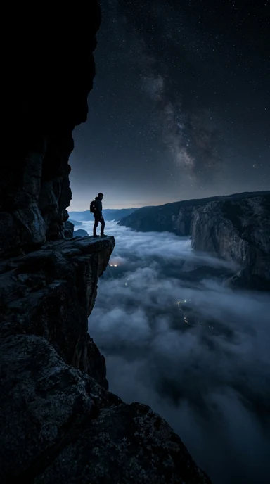 A dramatic cliff above a misty valley.