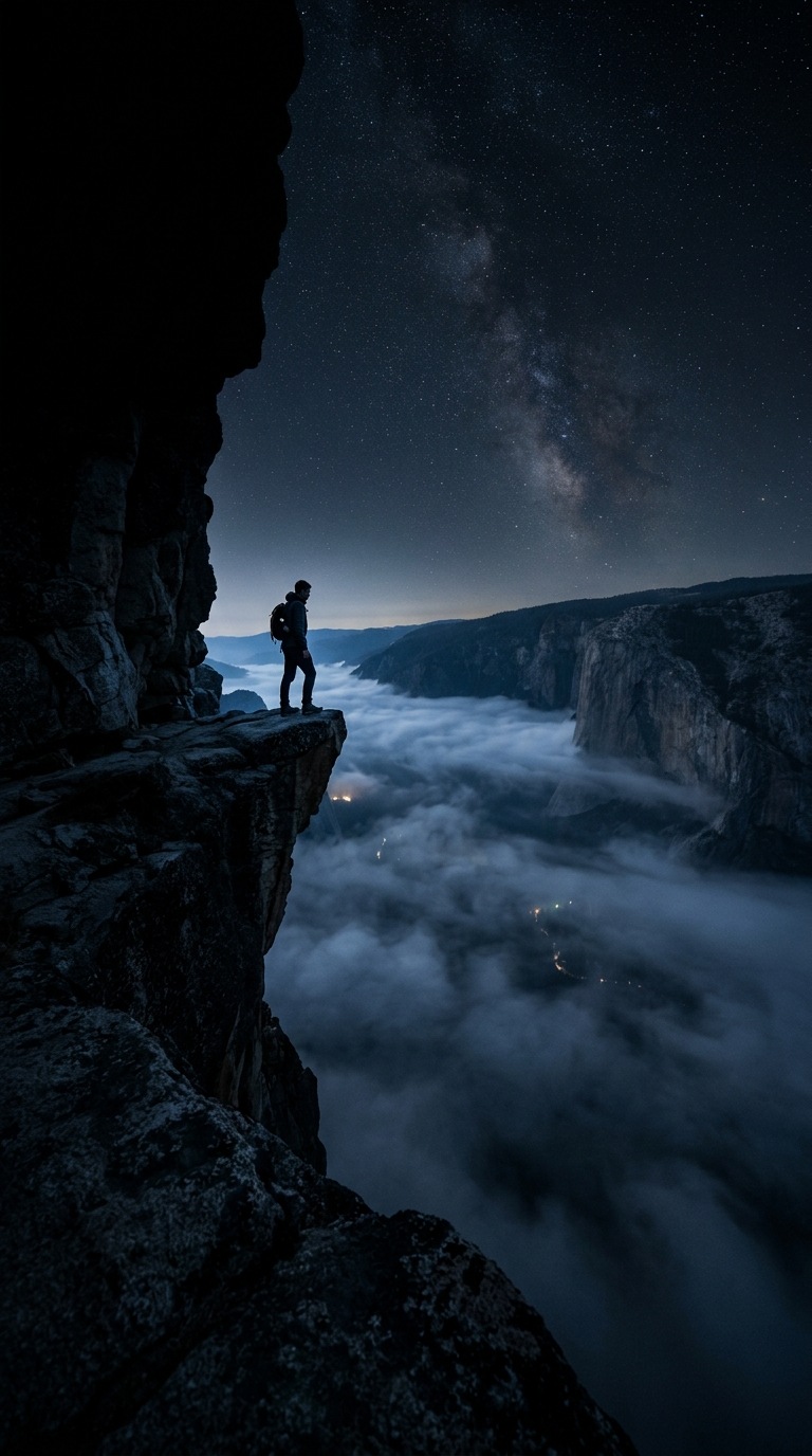 A dramatic cliff above a misty valley.