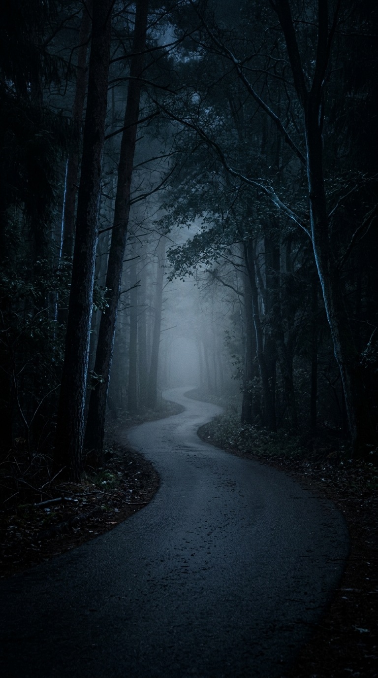 An empty forest road fading into fog.