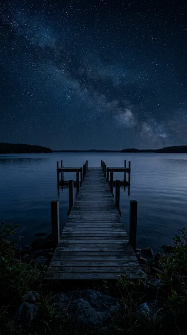 An empty wooden pier under stars.