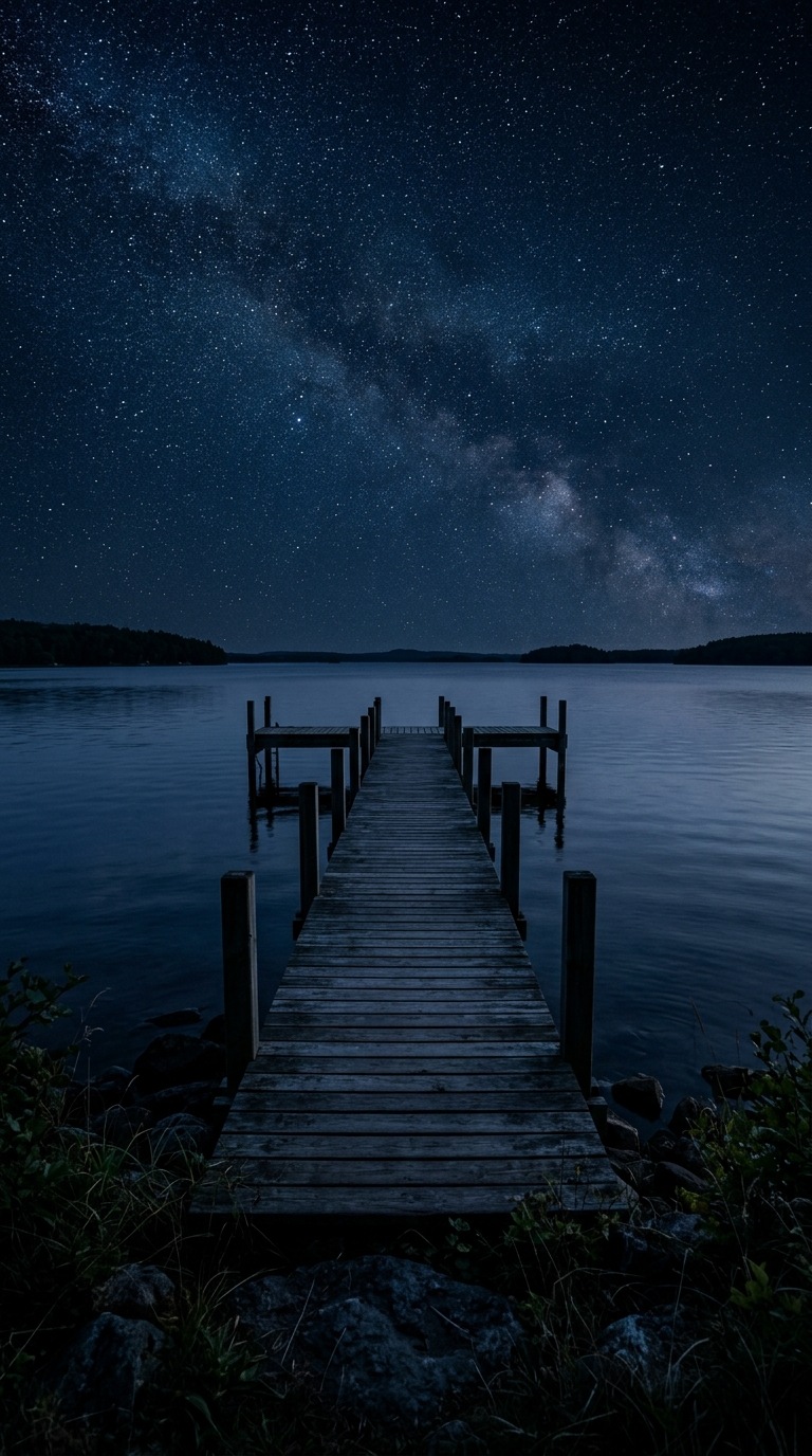 An empty wooden pier under stars.