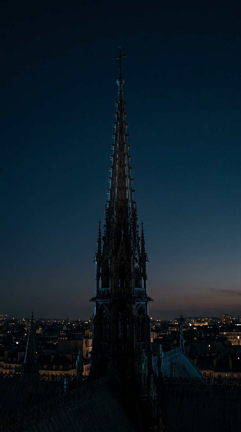 A gothic cathedral spire in twilight.