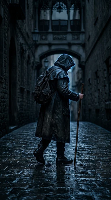 A hooded fictional adult traveler in rain.
