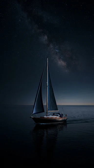 A lone sailboat on a dark calm sea.