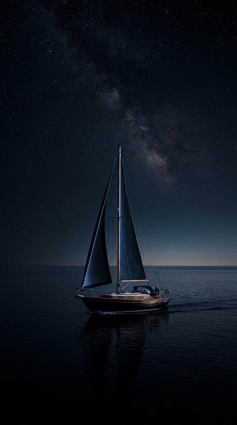 A lone sailboat on a dark calm sea.