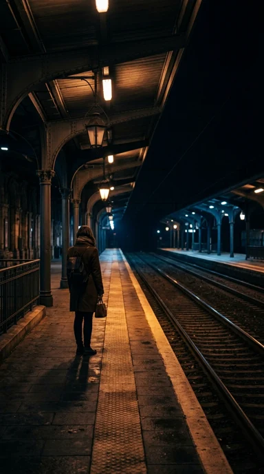 A midnight train platform with amber lights.