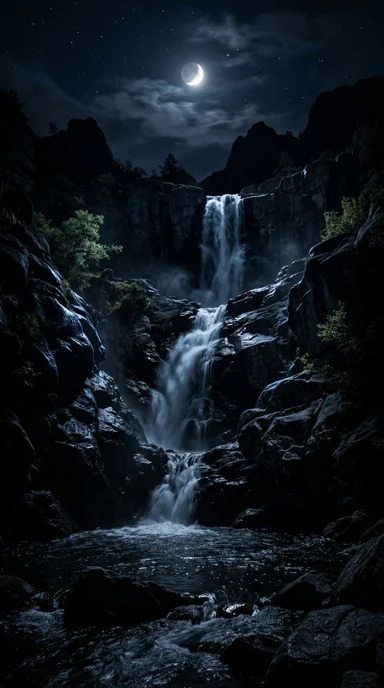 A moonlit waterfall between rocks.