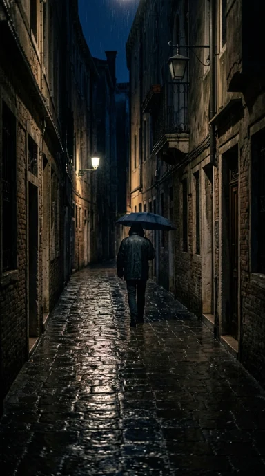 A rain-soaked cobblestone alley.