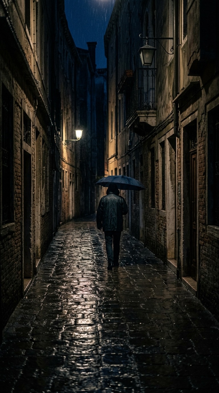 A rain-soaked cobblestone alley.