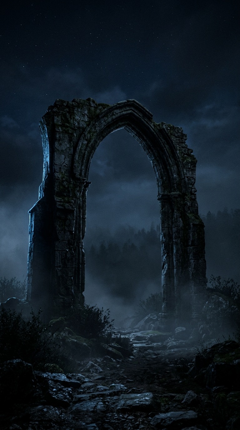A ruined stone arch in mist.