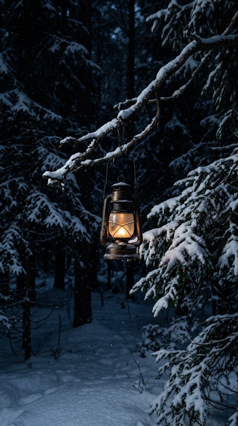 A solitary lantern in a snowy forest.