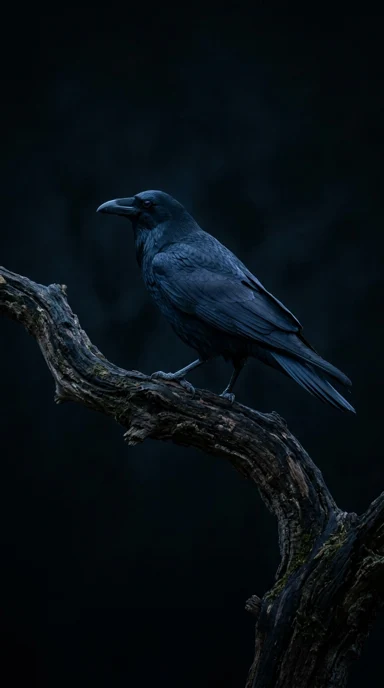 A solitary raven on an ancient branch.