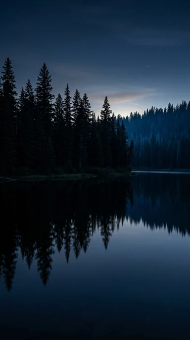 A still lake reflecting pine silhouettes.