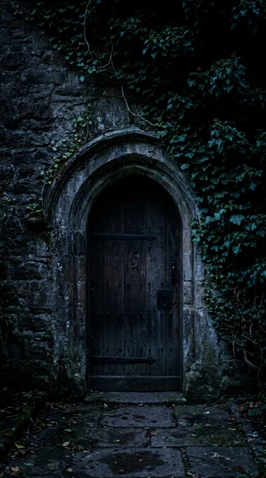 A weathered stone doorway with ivy.