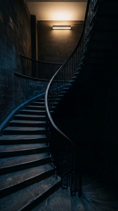 A winding staircase with soft overhead light.