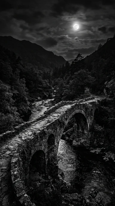 An abandoned stone bridge in moonlight.