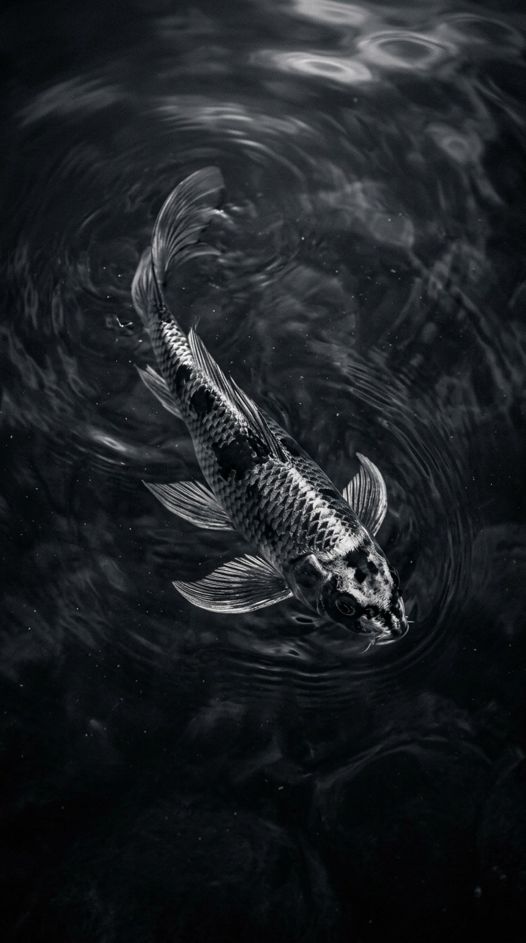A black-and-silver koi fish beneath water.
