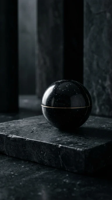 A black marble sphere with a hairline gold seam.
