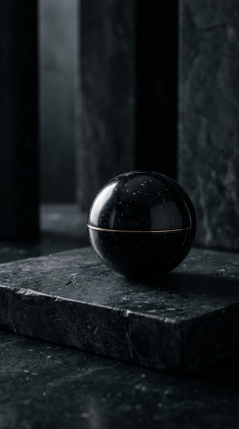 A black marble sphere with a hairline gold seam.
