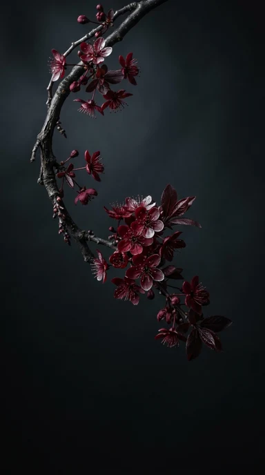 A branch of dark red cherry blossoms.