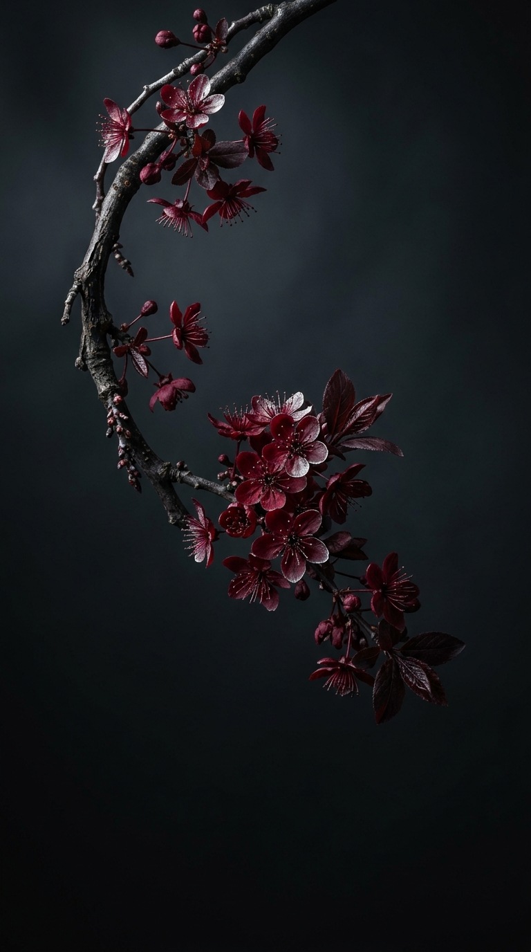 A branch of dark red cherry blossoms.