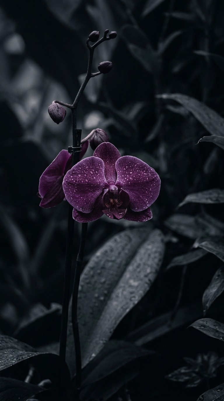 A dark purple orchid with dew.