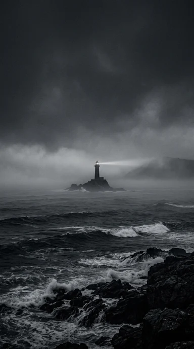 A distant lighthouse in sea fog.