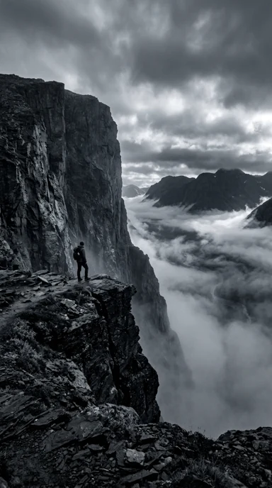 A dramatic cliff above a misty valley.