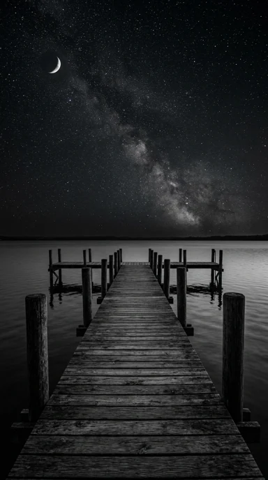 An empty wooden pier under stars.