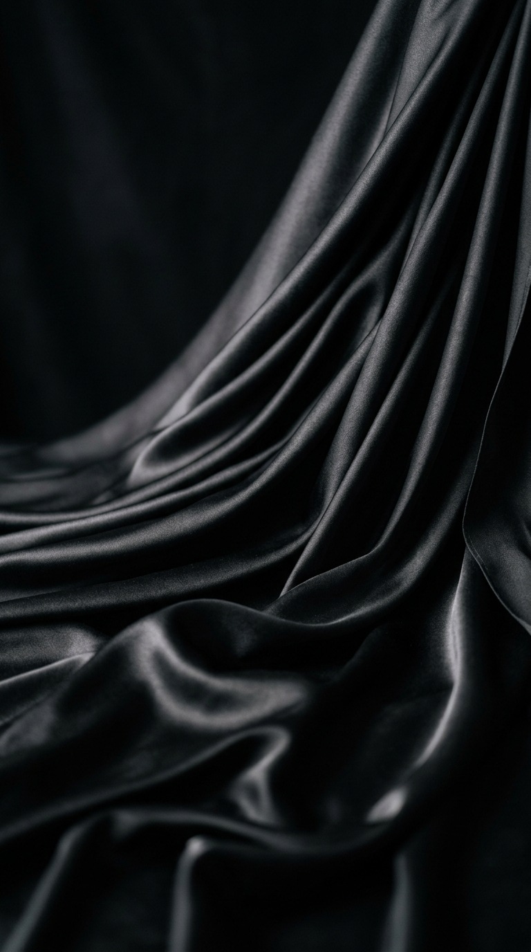 A folded black silk fabric with soft highlights.