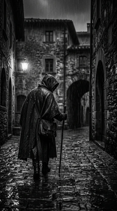 A hooded fictional adult traveler in rain.