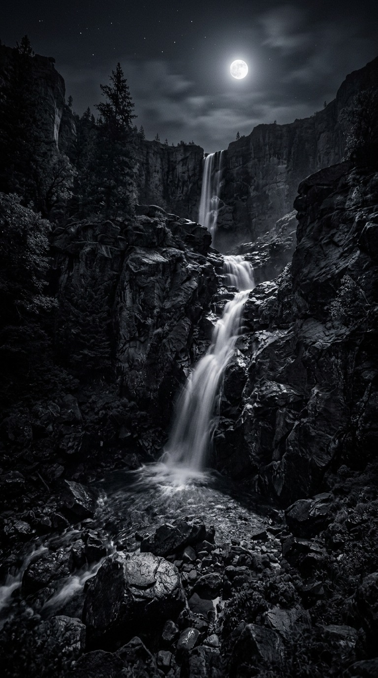 A moonlit waterfall between rocks.