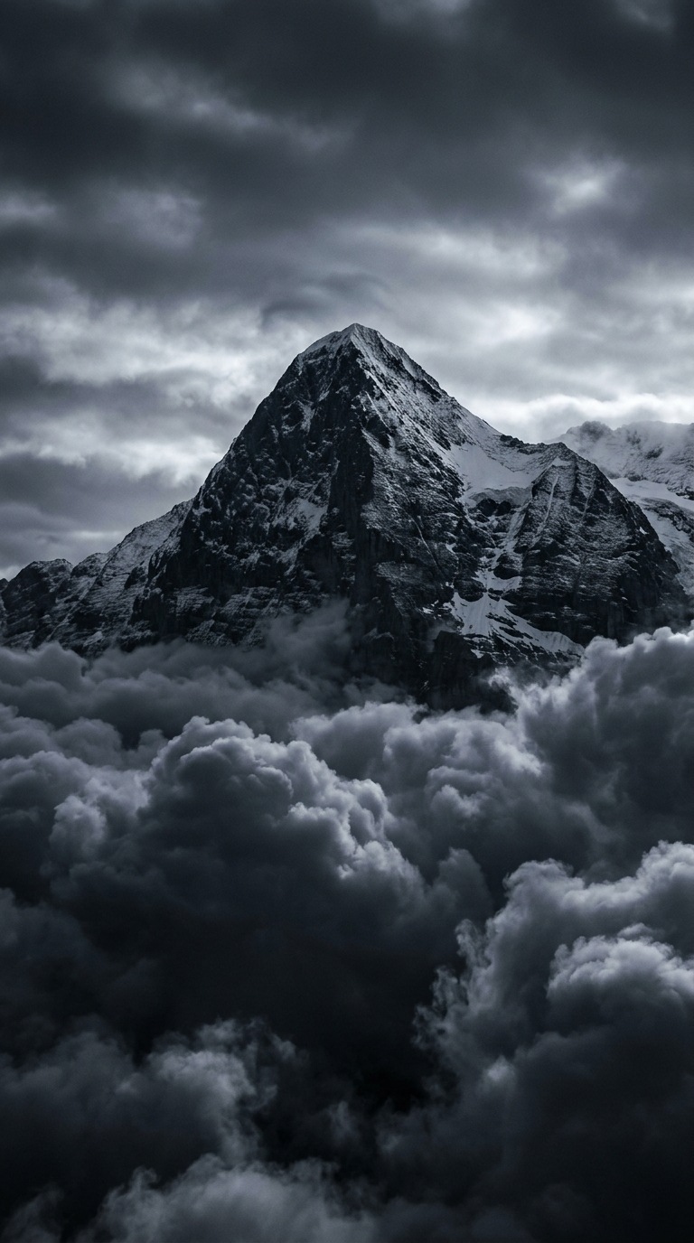 A mountain peak above storm clouds.