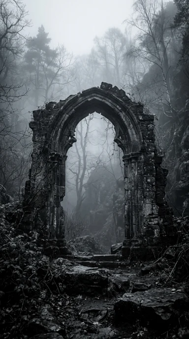 A ruined stone arch in mist.