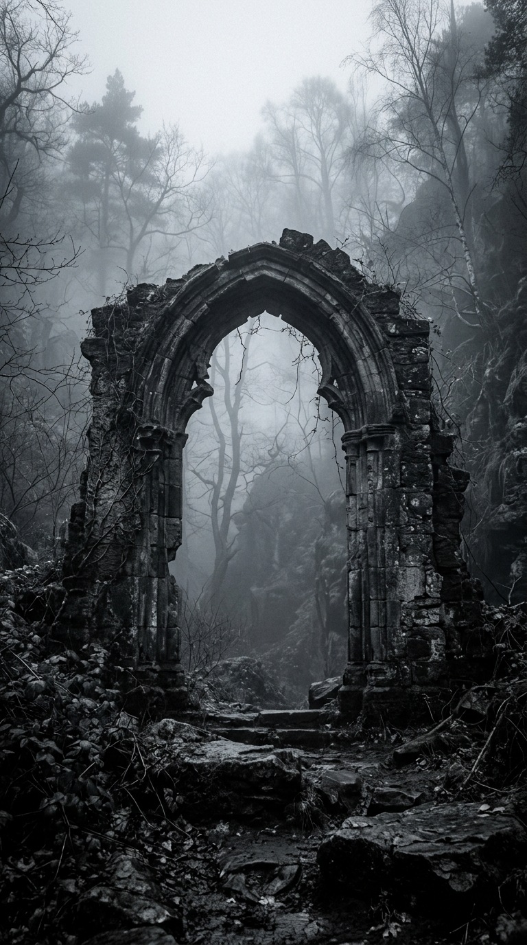 A ruined stone arch in mist.