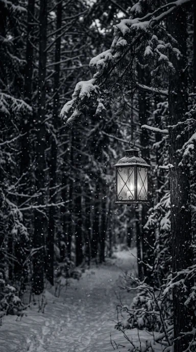 A solitary lantern in a snowy forest.
