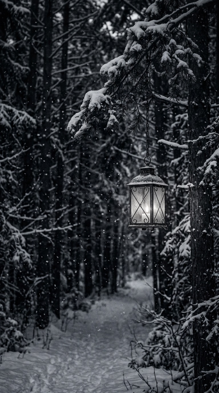 A solitary lantern in a snowy forest.