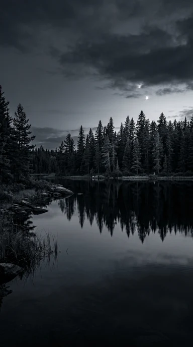 A still lake reflecting pine silhouettes.