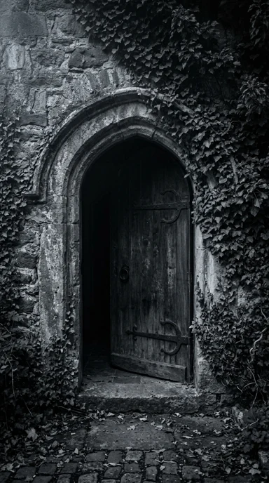 A weathered stone doorway with ivy.