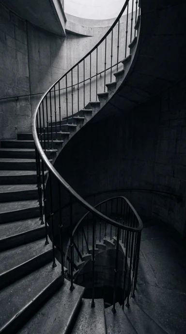 A winding staircase with soft overhead light.