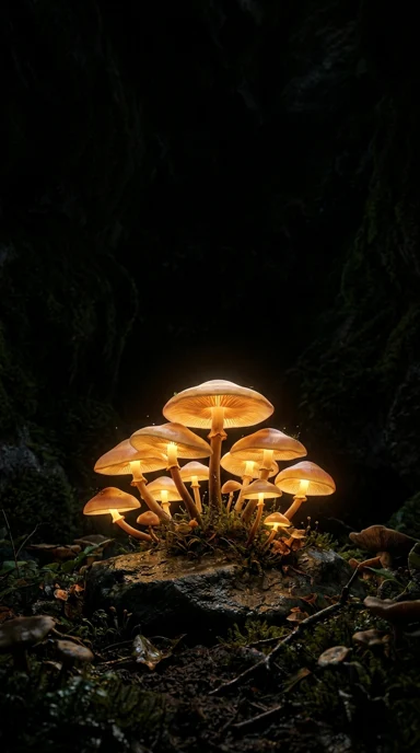 A bioluminescent mushroom cluster.