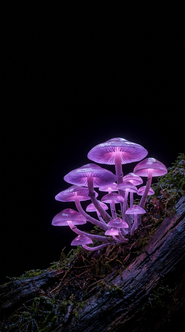 A bioluminescent mushroom cluster.