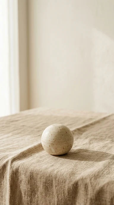 A ceramic sphere resting on linen.