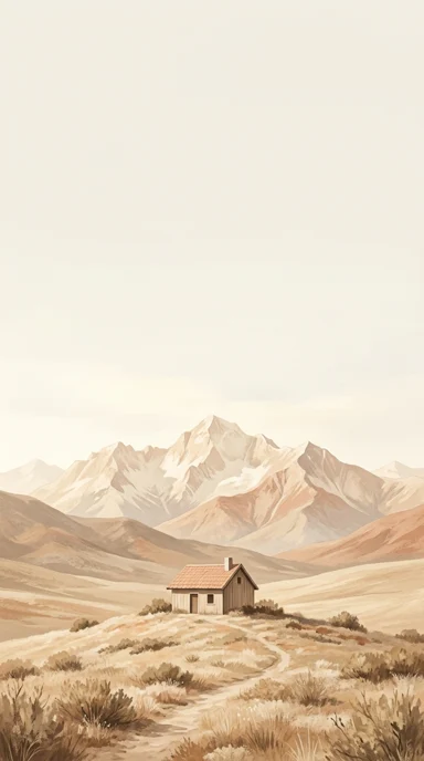A tiny cabin beneath a distant mountain.