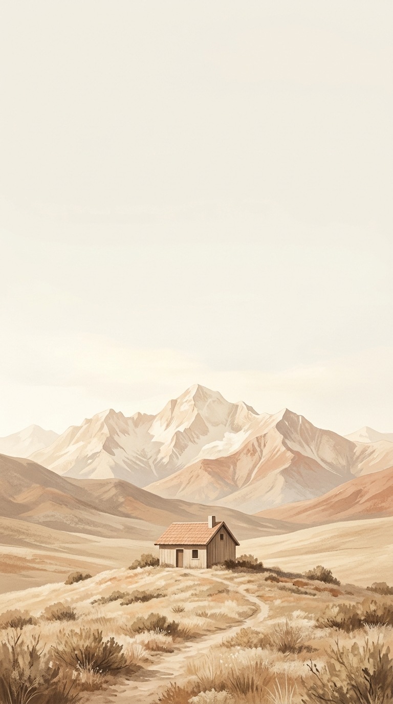 A tiny cabin beneath a distant mountain.