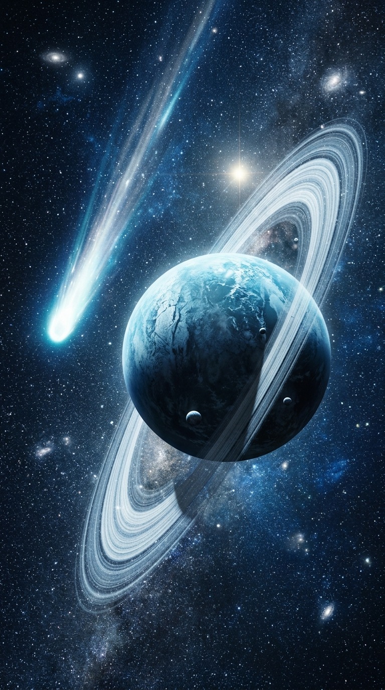 A comet passing a ringed ice planet.